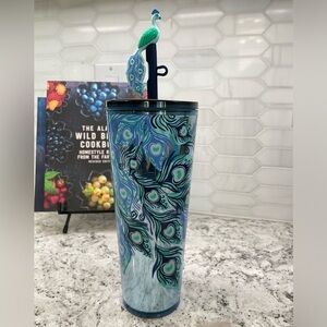 Starbucks Holiday 2024 Blue Peacock Feathers Straw Topper Cover Tumbler. NWT.